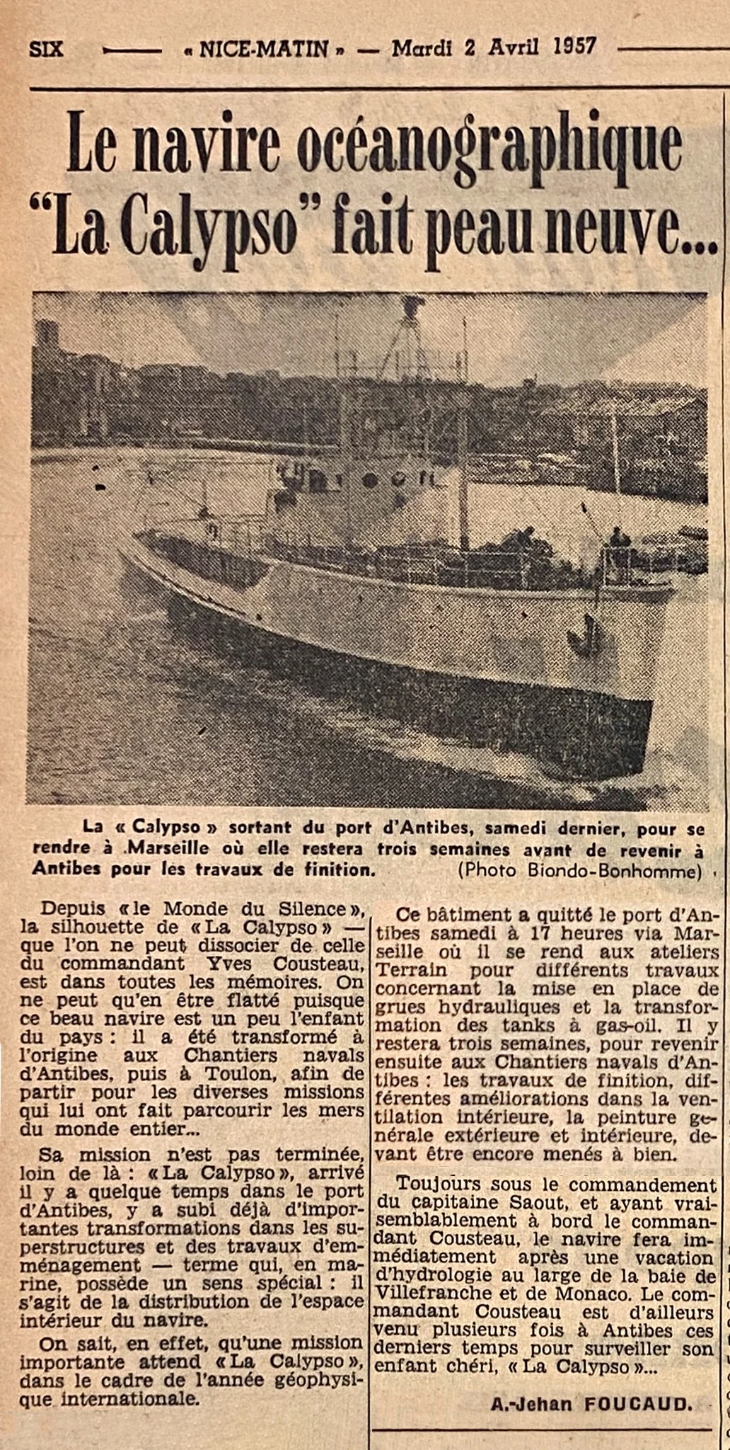 Article de Nice-Matin sur la Calypso, 1957